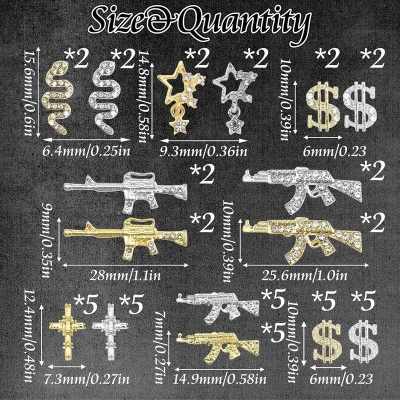 3D Gun Nail Charms - 50PCS Cross & Dollar Nail Gems for Manicure | Gold & Silver Snake Decorations