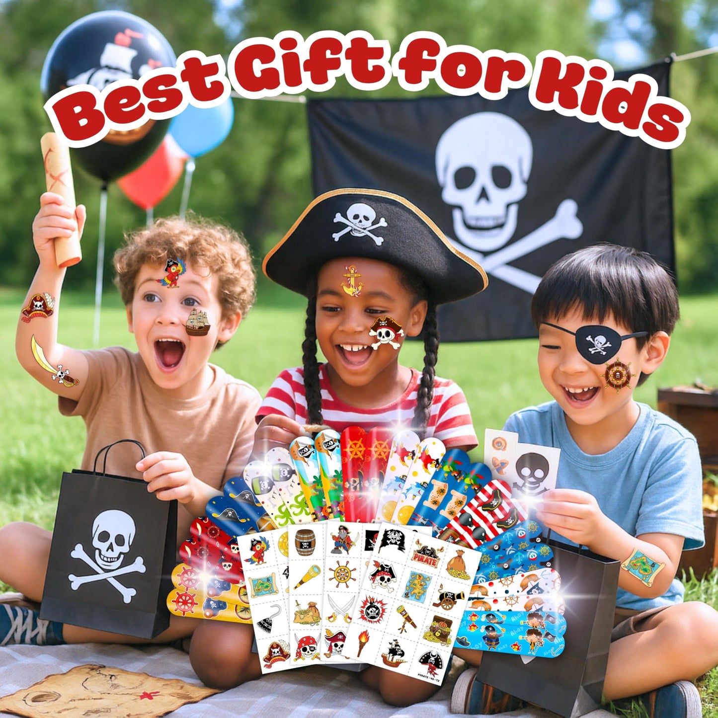 Pirate Party Favors for Kids, 72Pcs Tattoos and Slap Bracelets for Rewards