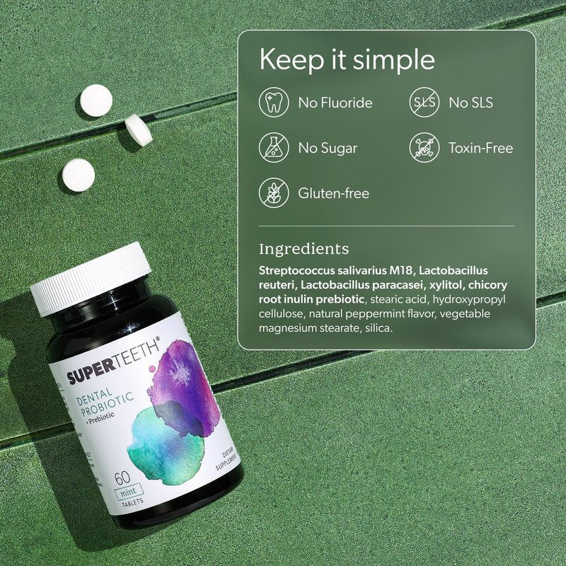 SuperTeeth Oral Probiotics - Chewable Dental Probiotic for Bad Breath & Cavities | 60 Mint Tablets for Kids & Adults