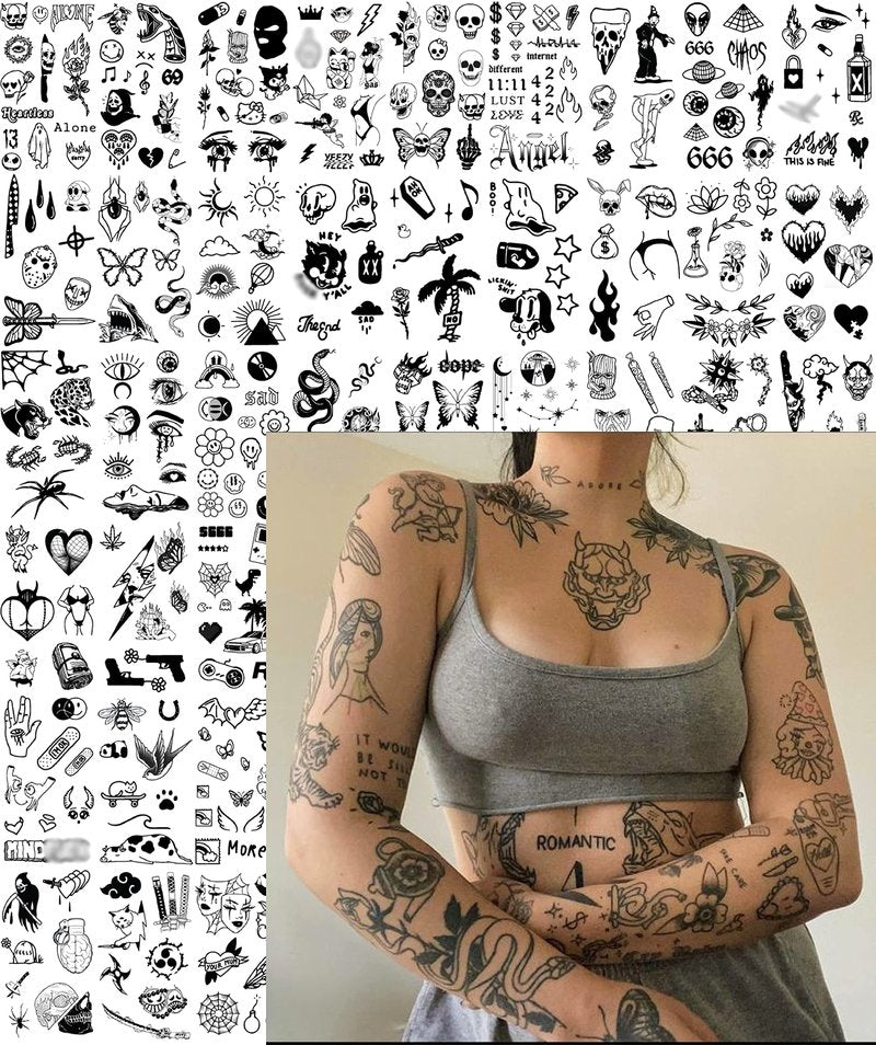 Impressed 48 Sheets Custom Unisex Ignorant Patchwork Temporary Tattoos - Small Semi Permanent Minimalist Black Fake Flash Tattoo for Women and Men - Micro Tiny Adult Hand, Sleeve, Finger Tat for Teens
