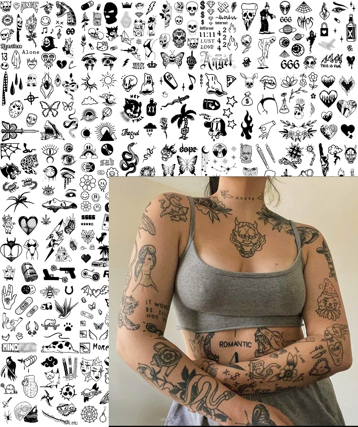Impressed 48 Sheets Custom Unisex Ignorant Patchwork Temporary Tattoos - Small Semi Permanent Minimalist Black Fake Flash Tattoo for Women and Men - Micro Tiny Adult Hand, Sleeve, Finger Tat for Teens