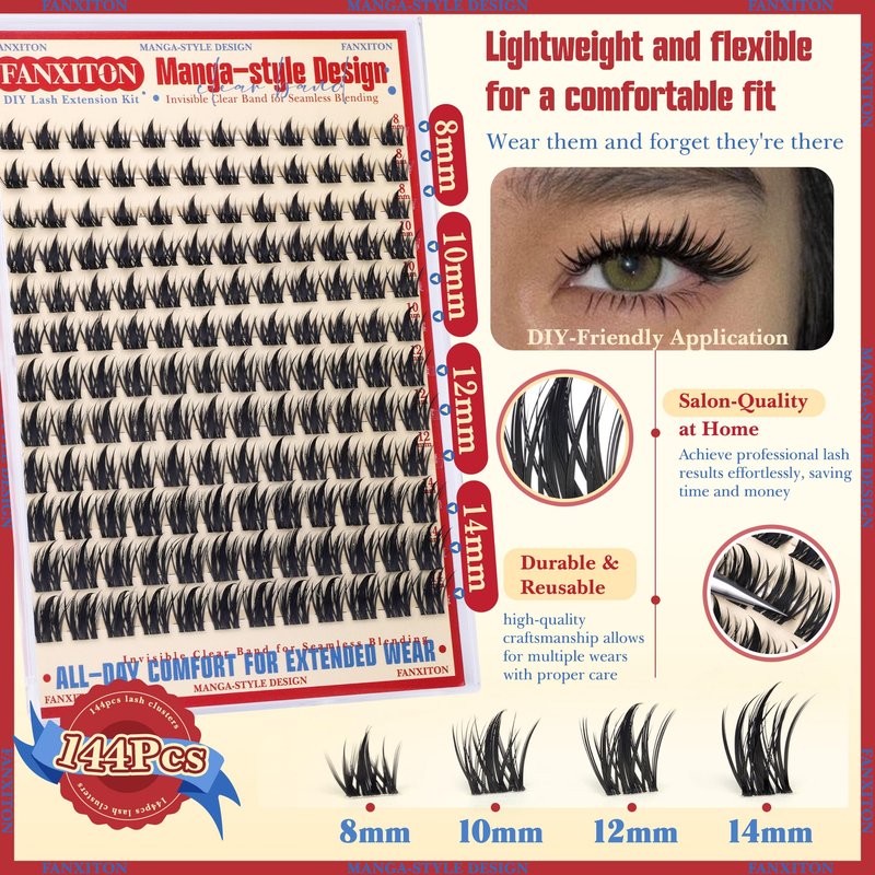 Fairy Lash Clusters with Spikes Eyelash Extensions Wispy Manga Lashes Individual Lashes Extension 8-14mm DIY Soft Eyelash Clusters 144Pcs Lash Clusters Kit DIY at Home by FANXITON
