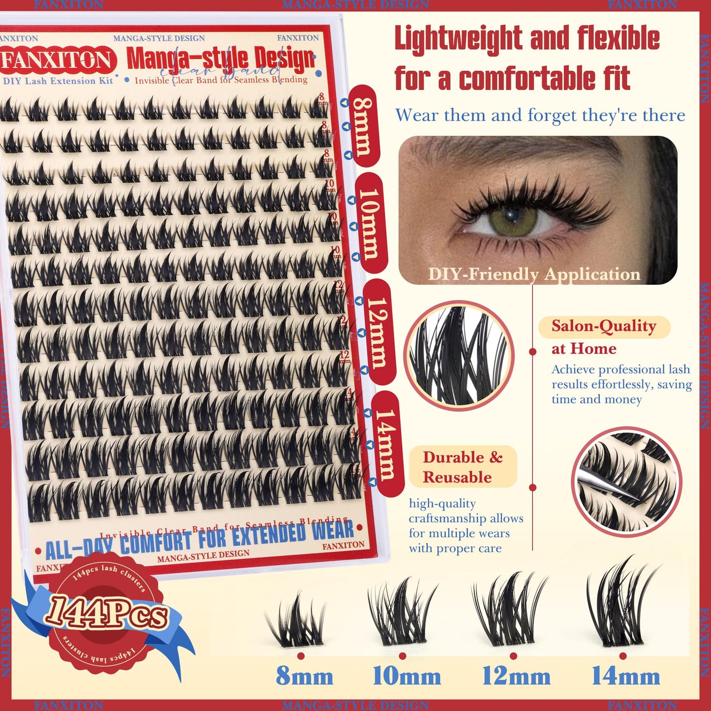Fairy Lash Clusters with Spikes Eyelash Extensions Wispy Manga Lashes Individual Lashes Extension 8-14mm DIY Soft Eyelash Clusters 144Pcs Lash Clusters Kit DIY at Home by FANXITON