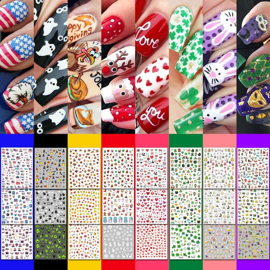IDDFEVE 30 Sheets 8 Holiday Nail Art Stickers, Variety Pack All Season Nail Decals for All Year, Self-Adhesive Pegatinas Uñas 4th of July Halloween Fall Christmas Valentine St. Patrick's