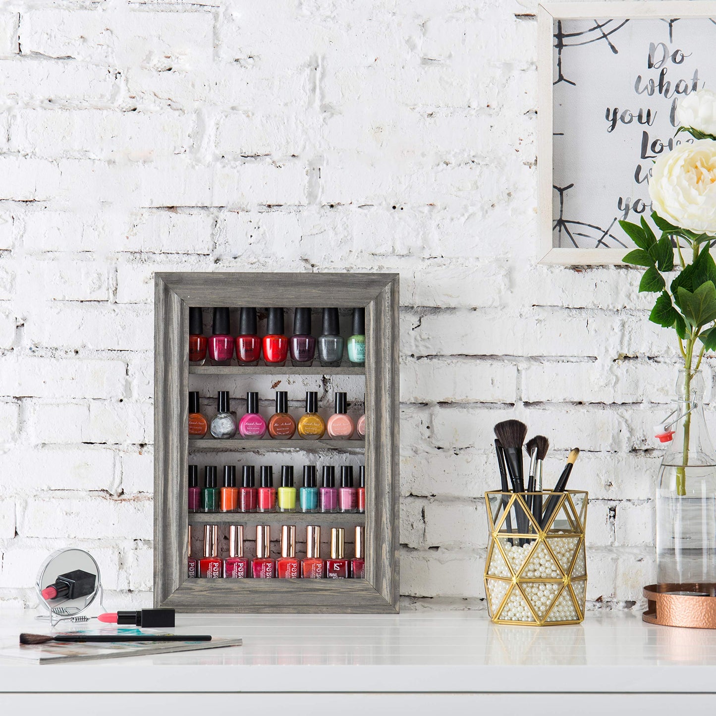 MyGift Vintage Gray Wood Wall Mounted Nail Polish Holder Display Rack with 4 Tier Shelf, Essential Oil Bottle Organizer