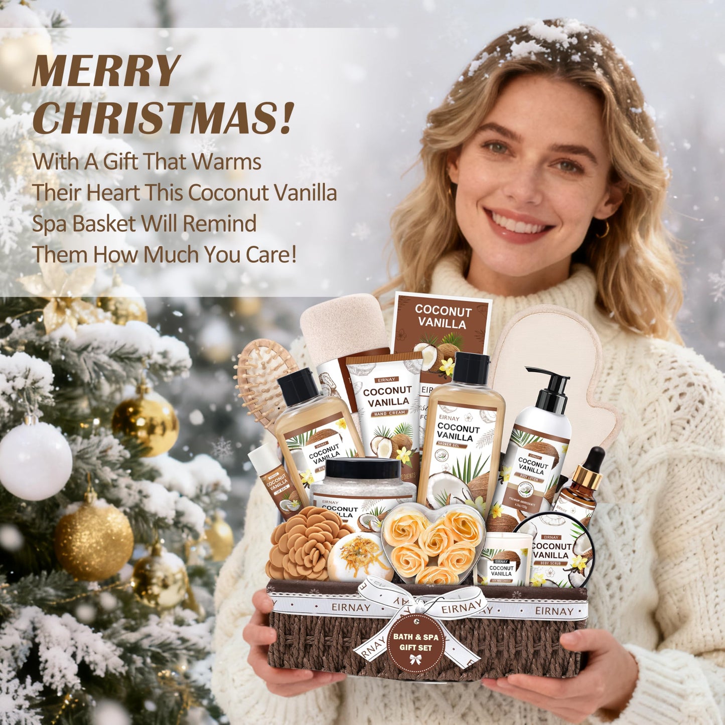 EIRNAY Mothers Day Gifts For Women - 16 PCS Birthday Gift Basket for Women Set of Coconut Vanilla Self Pampering Set, Includes Luxurious Home Spa Shower Gel Bubble Bath