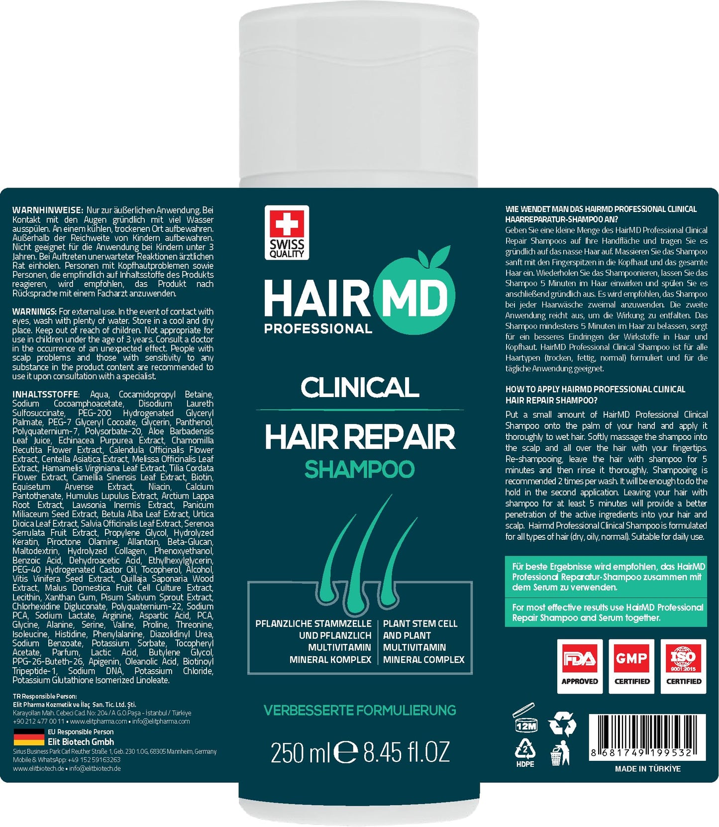 HairMD Transplant Clinical Repair Shampoo - 250ml Biotin Shampoo for Hair Growth - Advanced Regrowth Formula - Protects Post-Transplant Scalp - Reduces Itching and Redness - Prevents Hair Loss