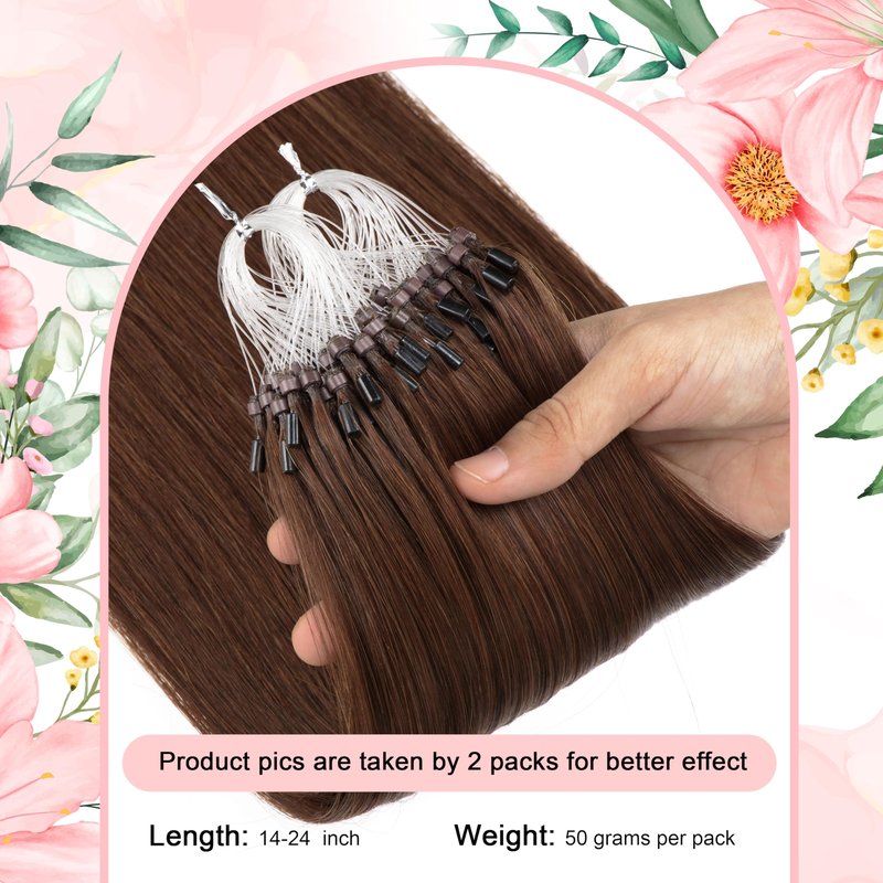 Kpvxxve Micro Beads Hair Extensions Real Human Hair Brown Micro Loop Human Hair Extensions 16 Inch #4 Straight Remy Human Hair Micro Link Hair Extension 1g/Strand 50g