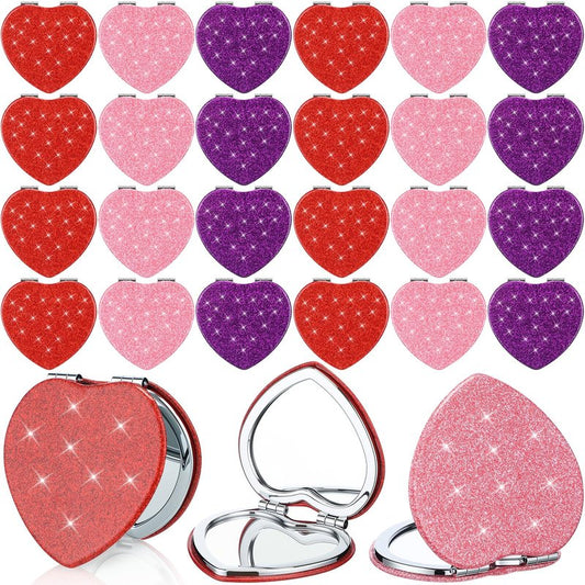 BrightRow 24 Pcs Heart Compact Mirror Magnifying Travel Mirror Bulk with Glitter Double Sided Cosmetic Purse Mirrors Heart Shaped Folding Pocket Makeup Mirrors for Women Mom Gift(Red, Pink, Purple)