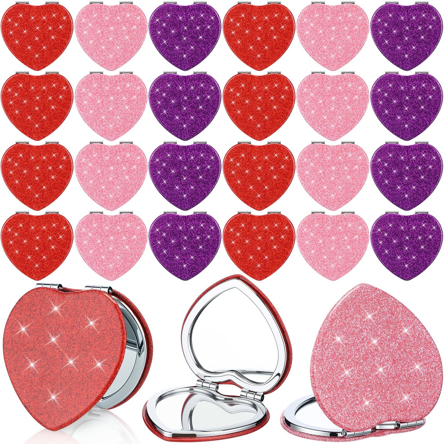 BrightRow 24 Pcs Heart Compact Mirror Magnifying Travel Mirror Bulk with Glitter Double Sided Cosmetic Purse Mirrors Heart Shaped Folding Pocket Makeup Mirrors for Women Mom Gift(Red, Pink, Purple)