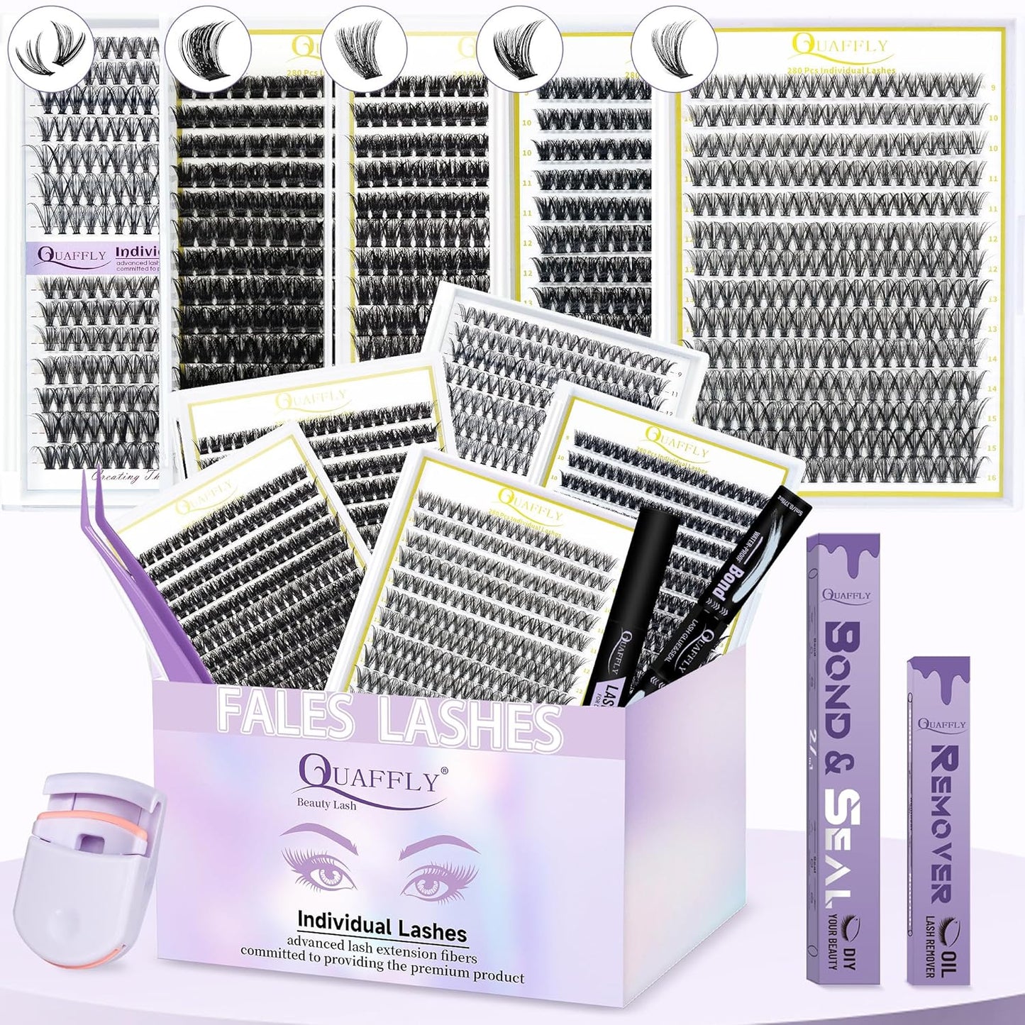 False Eyelashes Kit - 5-Pack with Glue, Tweezers & Curler | Reusable for Natural or Dramatic Looks
