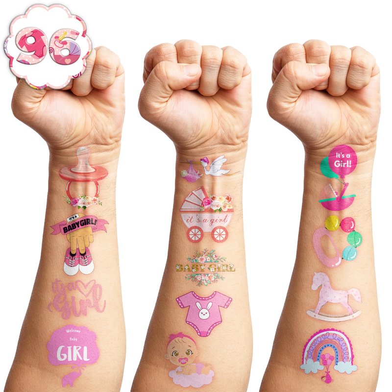 100 PCS Baby Girl Temporary Tattoos - Pink Rose Gold Floral Stickers for Baby Shower Decorations, Birthday Party Favors & Supplies