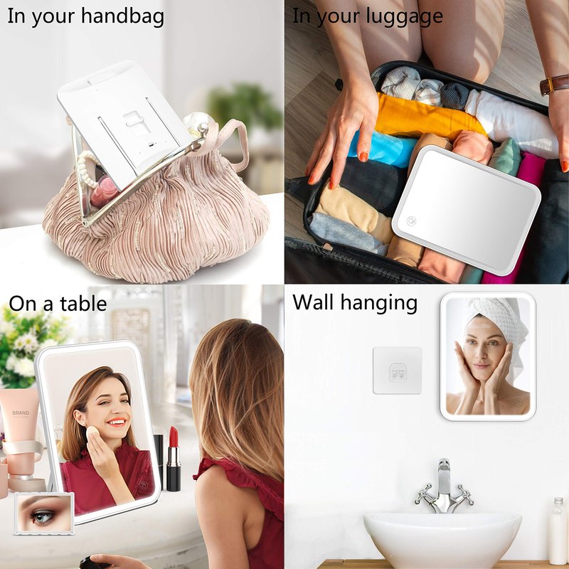 KOOKIN Lighted Vanity Makeup Mirror with Lights 3 Color Lighting Modes Rechargeable Touch Screen Adjustable Tabletop Wall Hanging Led Light Up Mirror with Mini 5X Hand Mirror