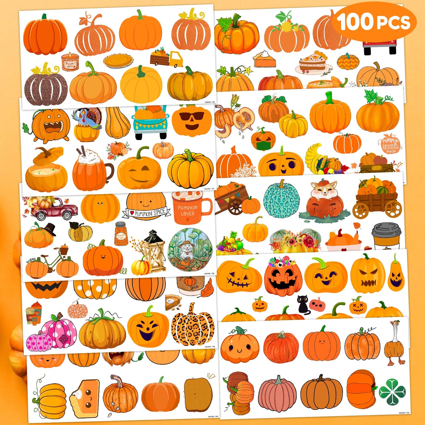 Cute Pumpkin Temporary Tattoos 10 Sheets 100 PCS Fall Pumpkin Party Decorations Favors Supplies Fall Theme Birthday Stickers Halloween Gifts for Boys Girls Kids Class School Prizes Carnival Christmas