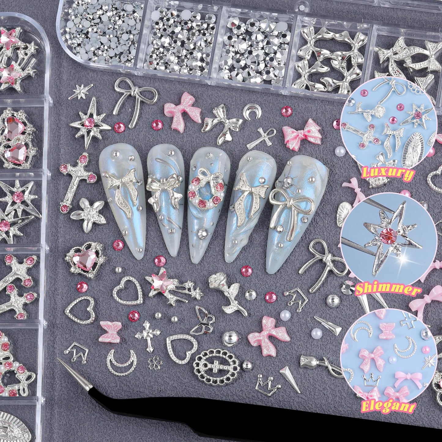 5Boxes Silver Nail Charms and Gems Kit, 3D Metal Flower Heart Bow Cross Star Nail Studs Charms for Nails Design, Pink White Flatback Rhinestones and Pearls Mini Caviar Beads with Tweezers for Nail Art