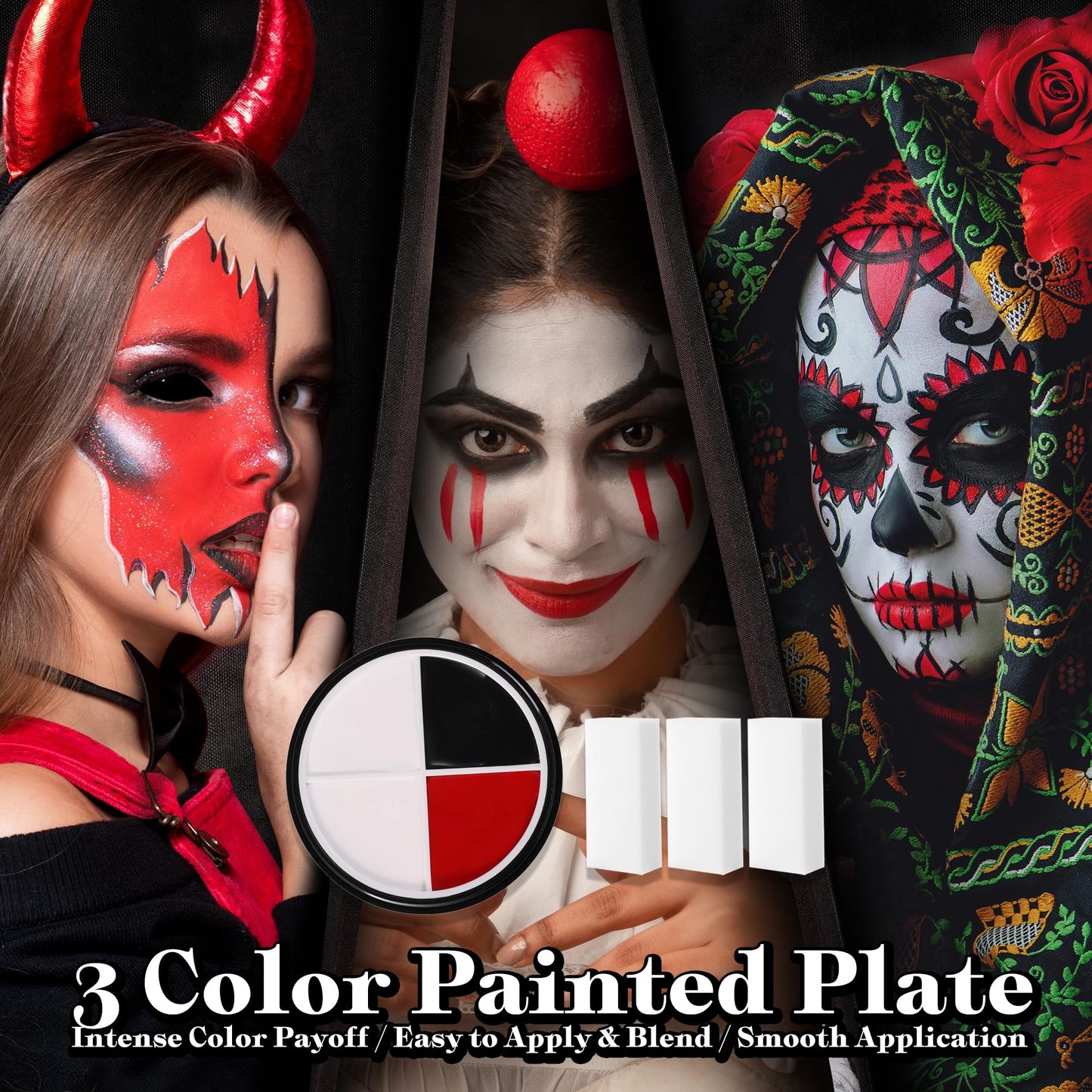 VANERIA Clown Makeup Halloween, Black White Red Cream Face Body Paint for Halloween, SFX Makeup Set with Vampire Teeth & Fake Blood, Clown Art Theater With Brushes