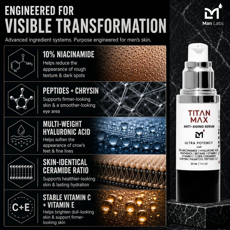 Man Labs Titan MAX Ultra Potency Anti-Aging Mens Face Serum – Mens Face Moisturizer – Men Skin Care Crow's Feet, Dark Circles, Tightening & Rough Texture – 10% Niacinamide, Vitamin C & E, HA–Unscented