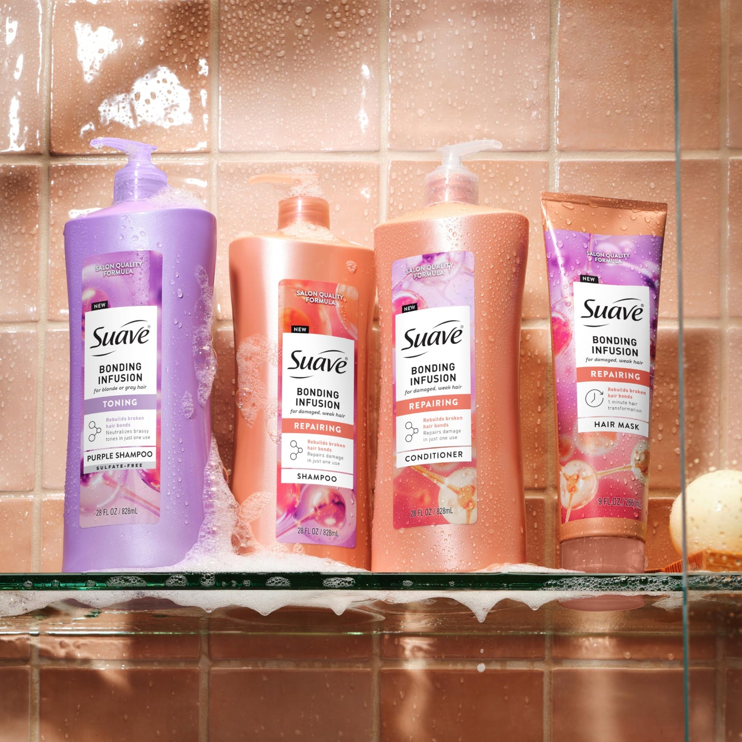 Suave Bonding Infusion Purple Toning Shampoo, for Neutralizing Brassy Tones in Blonde or Gray Hair & Repairing Broken Hair Bonds, 28oz Pump, 4 Pack