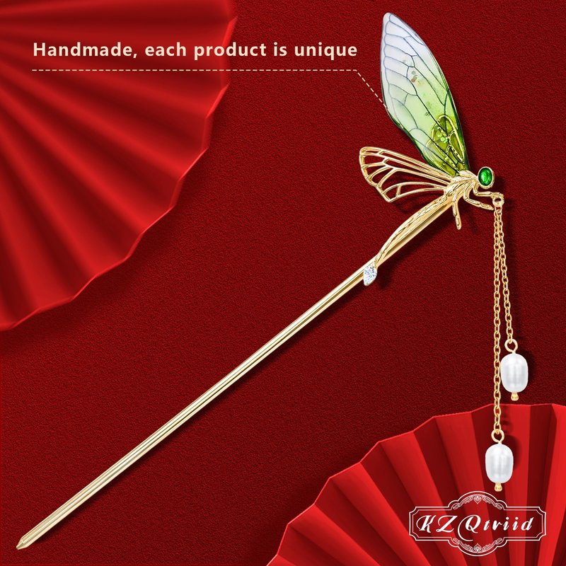 KZQtriid Hair Accessories，14k Gold Plated Copper，Vintage Handcrafted，Colour Enamels Green Dragonfly Tassels Hair Stick，5.90"Hair Clip.Hair Chopsticks For Women