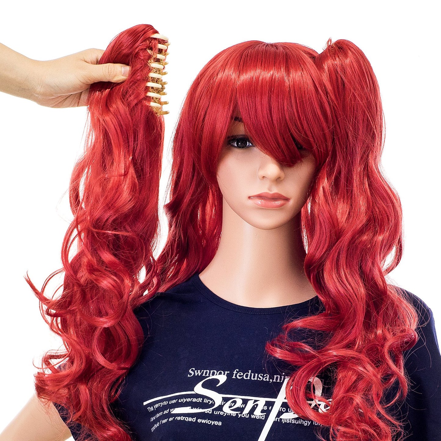 SWACC Long Curly Double Claw Clip on Ponytail Wig Synthetic Pastel Colorful Cosplay Daily Party Wig for Women with Wig Cap (Red)