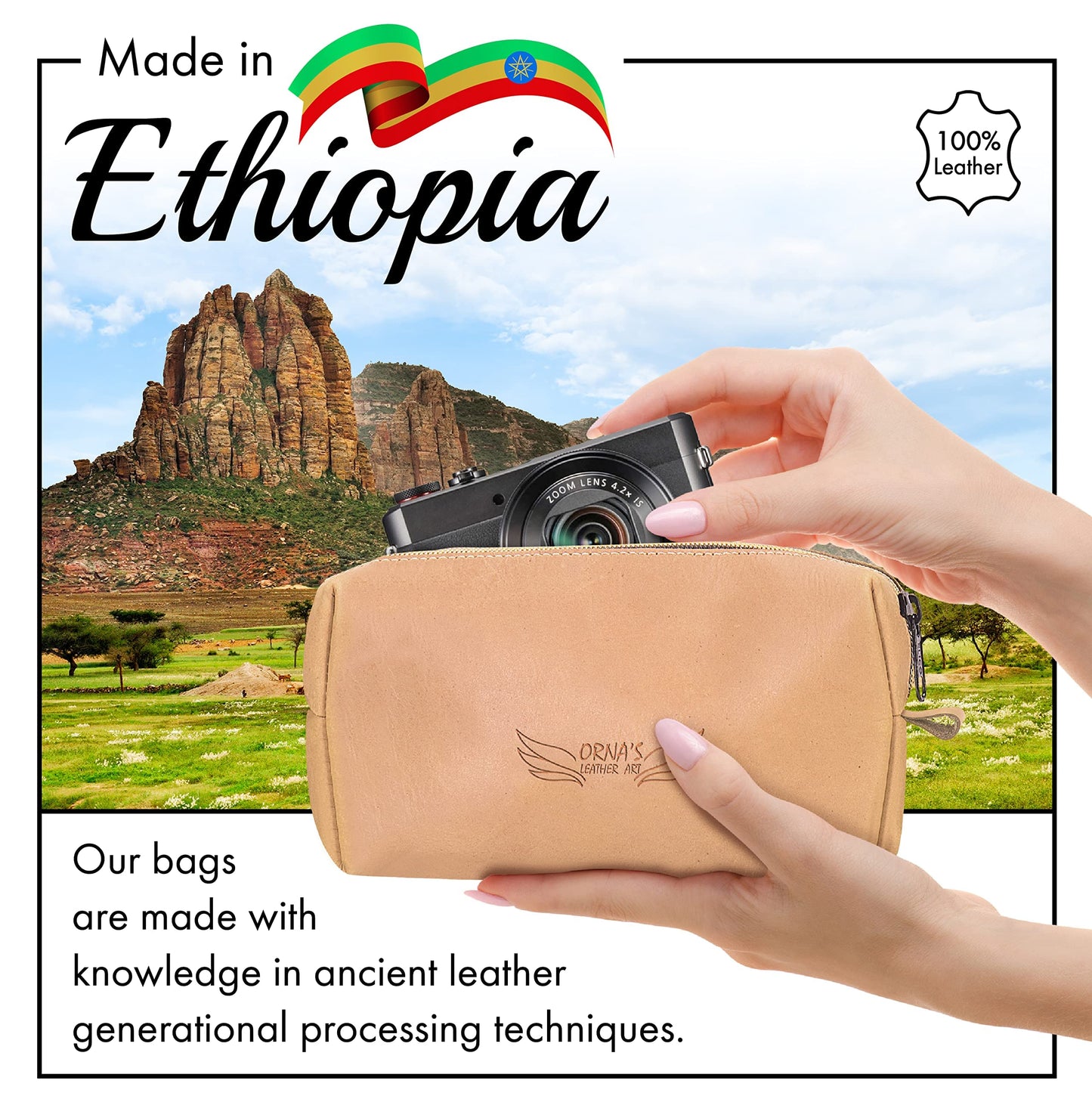 ORNA'S LEATHER ART WOODPECKER UNISEX SAND POUCH: Real Cowhide Men’s Women’s Tan Portable Toiletry Makeup Travel Case, Stylish, Handcrafted, Spacious, Zipper Close
