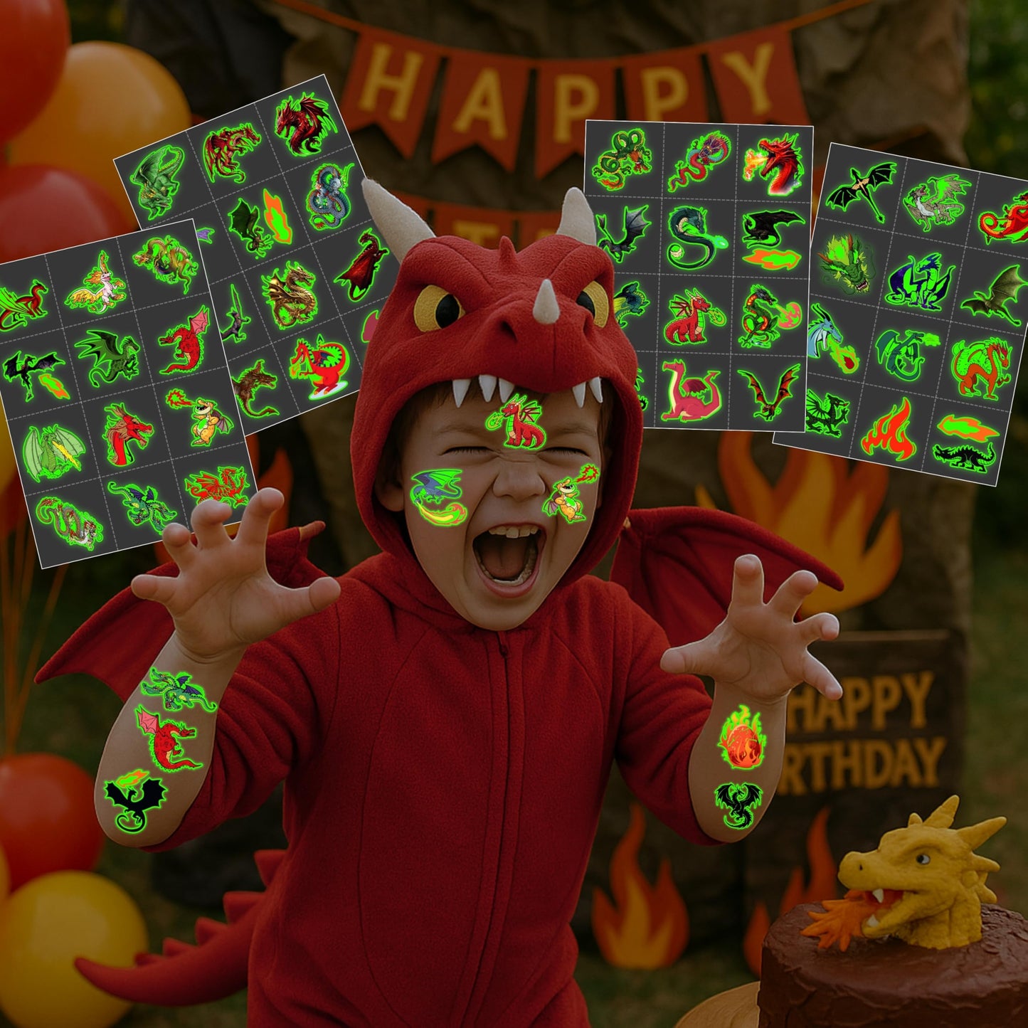 96PCS Dragon Pre-Cut Temporary Tattoos Birthday Party Supplies Favors Decorations Knight Dragon Super Cute Fake for Kids Boys Girls School Classroom Rewards Gifts Ideal Halloween (Glow in the Dark)