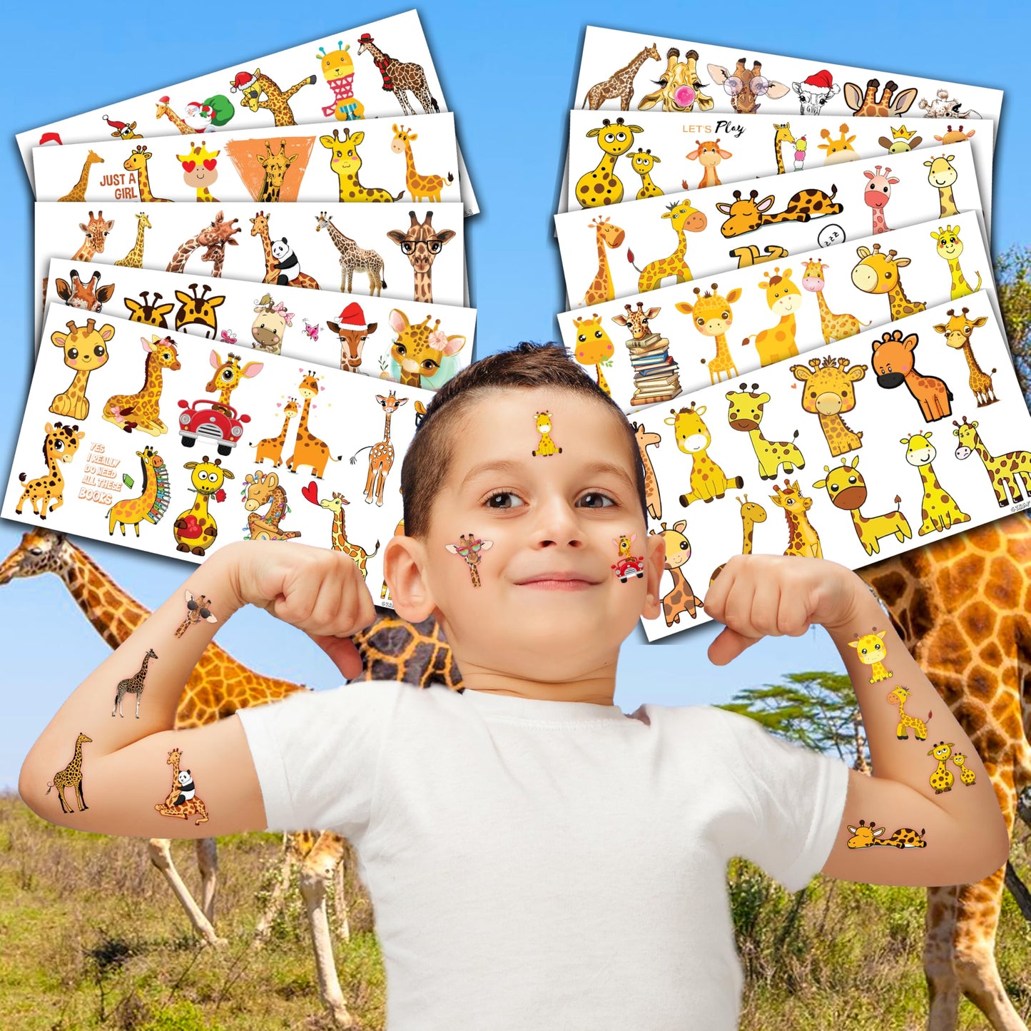 96 PCS Giraffe Face Pre-cut Temporary Tattoos for Kids Sticker
