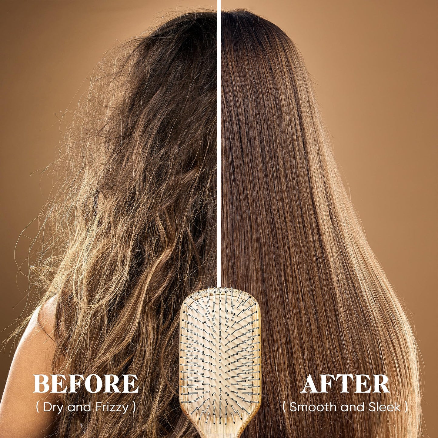 BFWood Bamboo Hair Brush with Steel Bristles, Metal Hair Brush Help Hair Growth and Massaging Scalp, Anti-frizz Metal Detangling Brush Styling Hairbrush