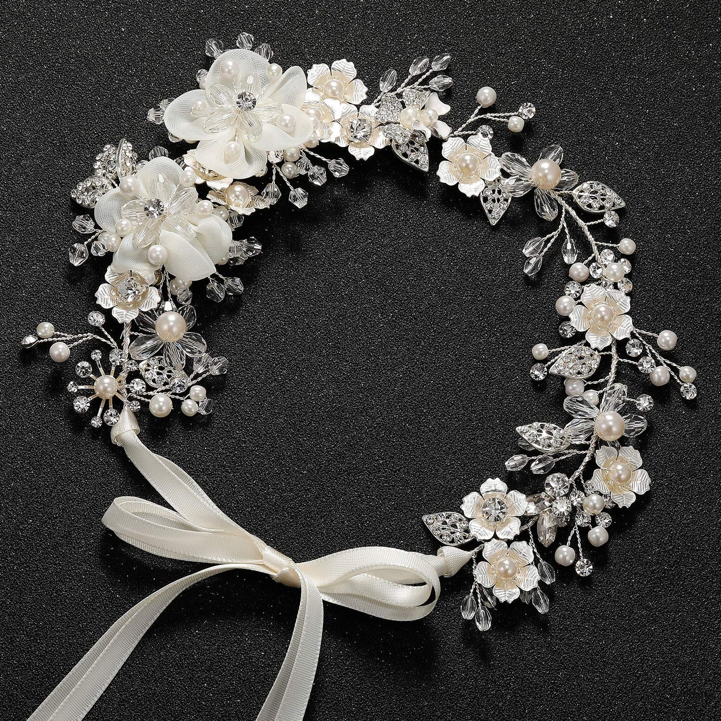 SWEETV Flower Girl Headpiece Ivory Tulle Flowers Wedding Headband for Girls, Princess Pearl Hair Accessories for Birthday Party, First Communion