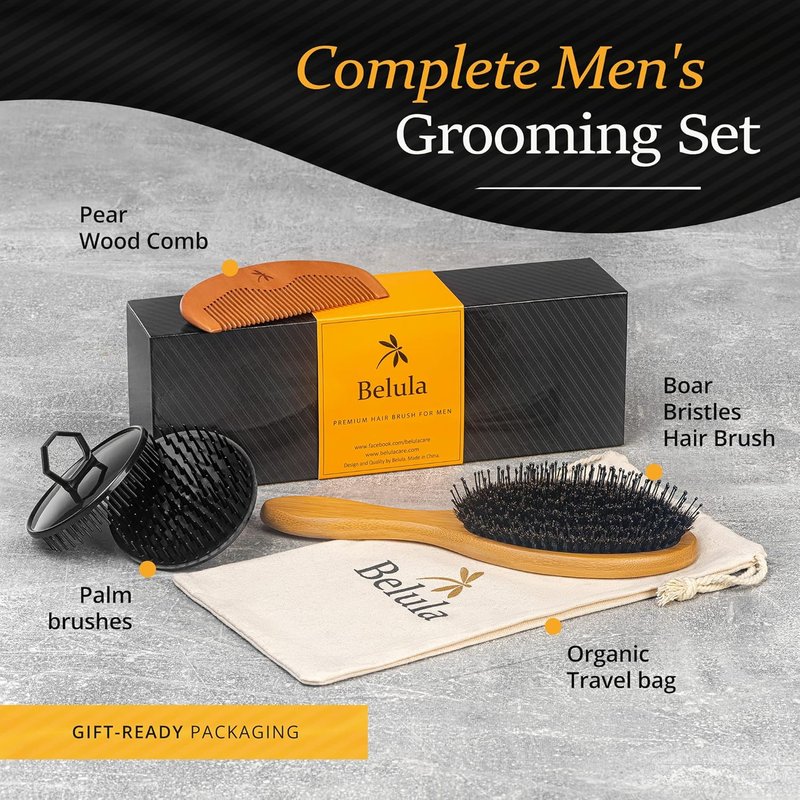 Men's Hair Grooming Set - Boar Bristle & Nylon Pin Brushes, Wooden Comb, Travel Bag | Perfect for Styling