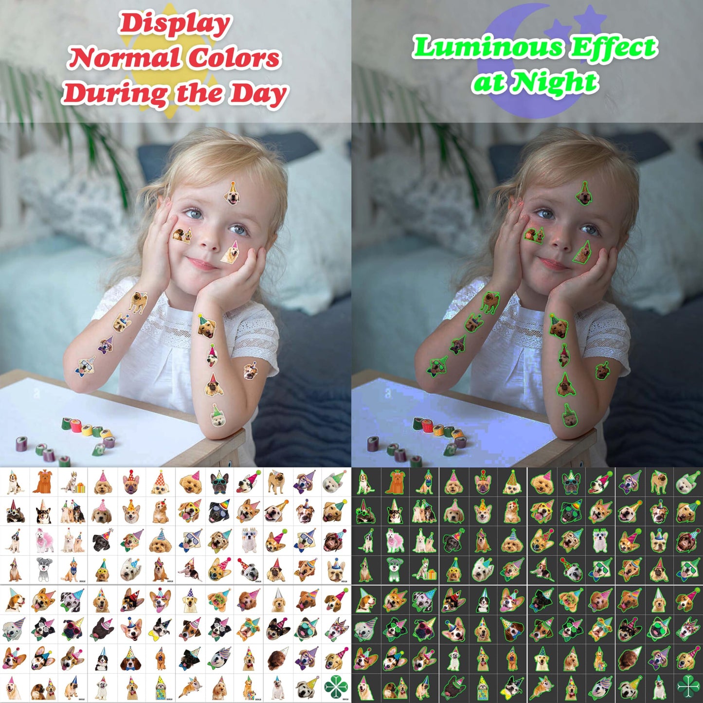 96PCS Dog Party Temporary Tattoos Stickers for Kids, Glow Dog