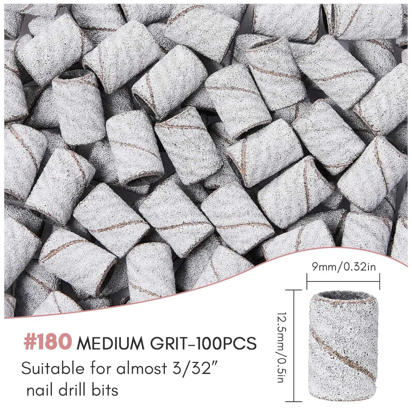 Sanding Bands for Nail Drill - 100 Pcs Medium Grit #180 | Durable Acrylic Nail File Bits, White
