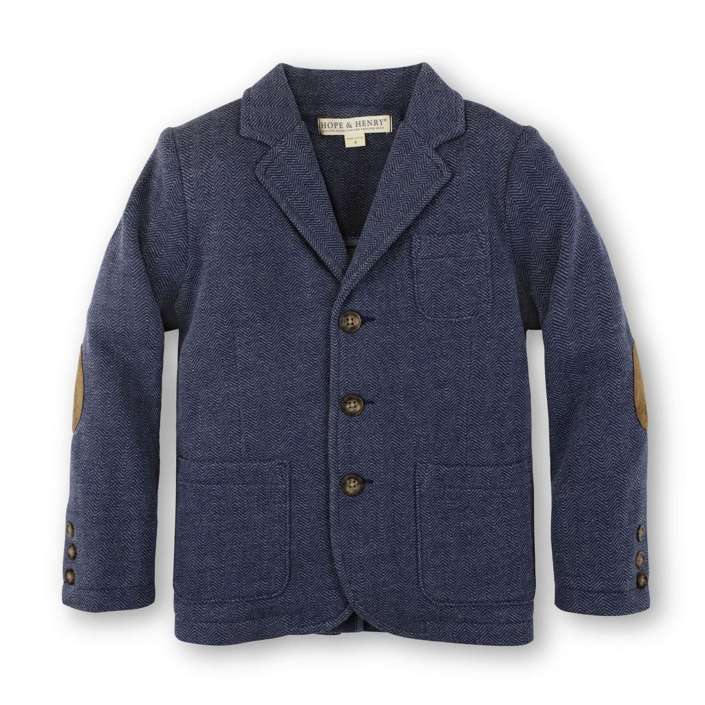 Hope & Henry Baby Boys' Fleece Suit Blazer Made with Organic Cotton, 18-24 Months, Navy Herringbone