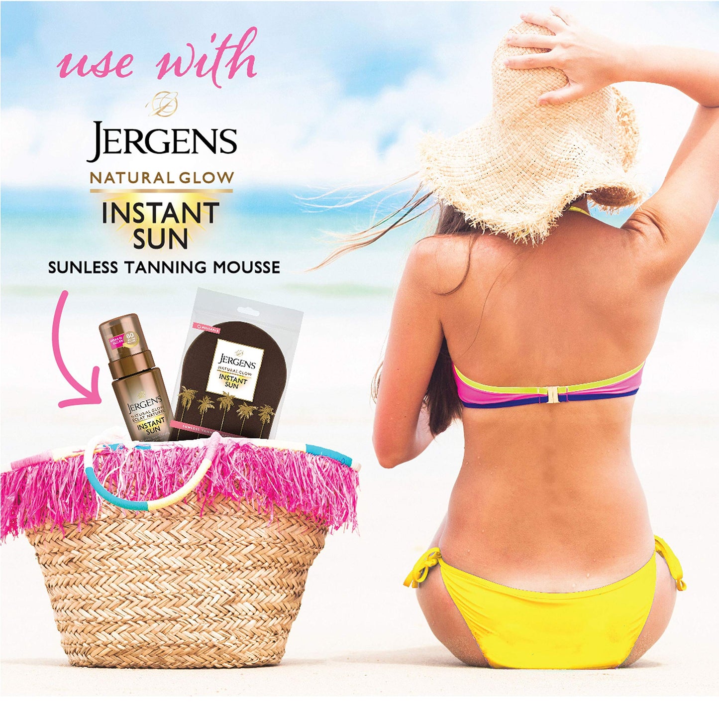 Jergens Natural Glow Instant Sun Body Mousse, Deep Bronze Tan, 6 Ounce Sunless Self-Tanner with Natural Glow Body Applicator Mitt, Flawless, Streak-free Tanning Blender Glove
