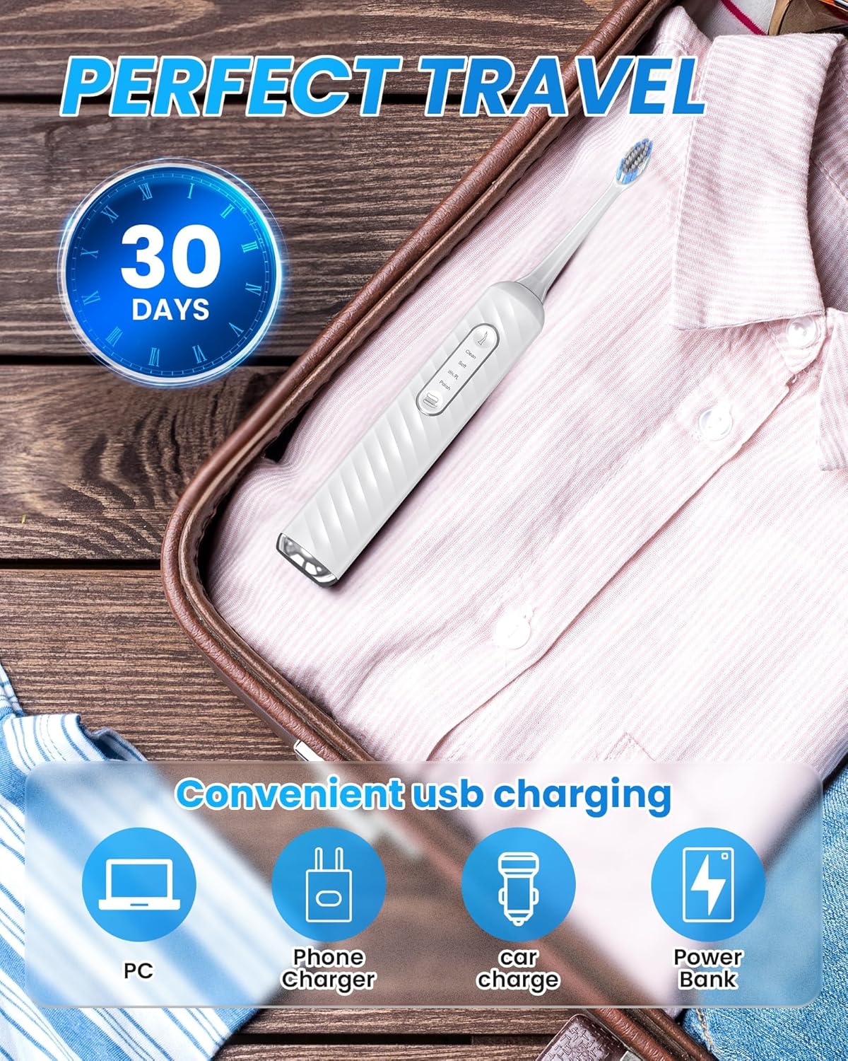 Electric Toothbrush & Water Flosser - 3-in-1 Teeth Cleaning Kit with 7 Modes | Portable for Travel & Home (White)