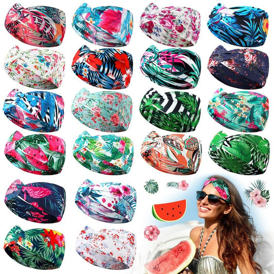 Jutom 20 Pcs Women's Headbands Boho Beach Summer Hawaiian Knotted Wide Hair Band Bulk Elastic Tropical Turban Floral Vintage Head Wrap Bohemian Twisted Criss Yoga Accessories for Women