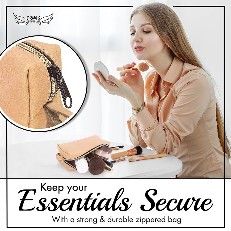 ORNA'S LEATHER ART WOODPECKER UNISEX SAND POUCH: Real Cowhide Men’s Women’s Tan Portable Toiletry Makeup Travel Case, Stylish, Handcrafted, Spacious, Zipper Close