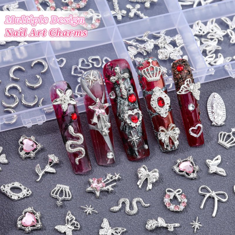 220Pcs Silver Nail Charms, 24 Styles 3D Cross Nail Charms Pink Heart Nail Rhinestones Bow Butterfly Star Crown and Virgin Mary Y2K Shiny Jewelry with Tweezer for Nail Art Supplies
