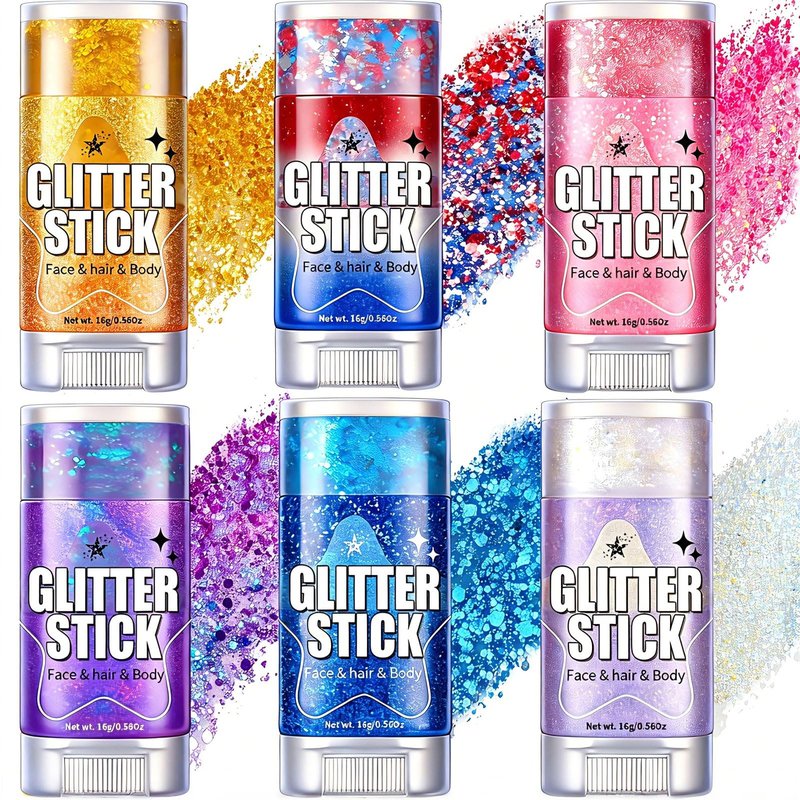 AROIC Body Glitter Stick - 6 Pack Red White and Blue Face & Hair Glitter with Chunky Sequins, 4th of July USA Rave Accessories Sparkling Face Paint with Fruit Scent for Festival Makeup Concert Party