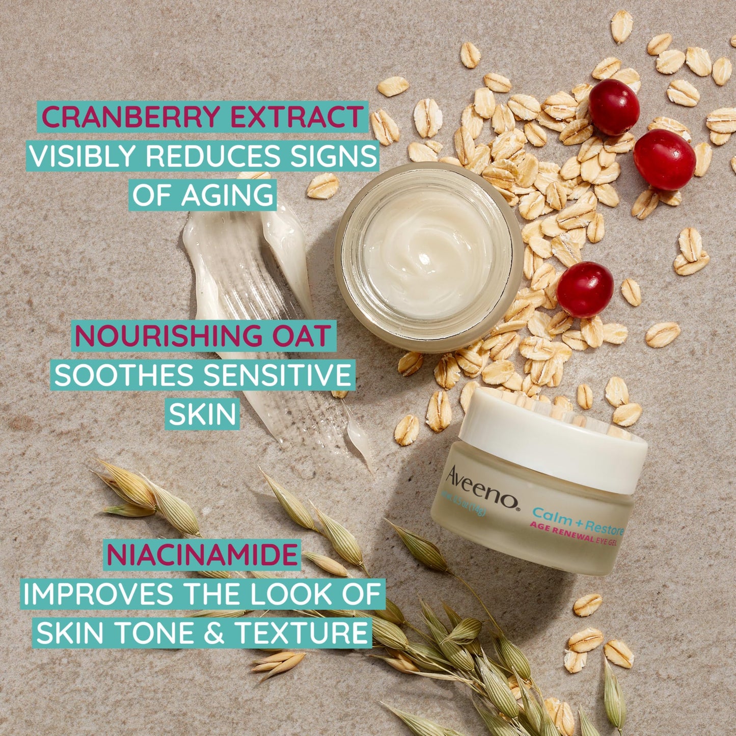 Aveeno Calm + Restore Age Renewal Anti-Aging Eye Gel, Under Eye Cream with Nourishing Oat & Cranberry Extract Visibly Improves the Look of Wrinkles & Crow's Feet, Fragrance Free, 0.5 oz