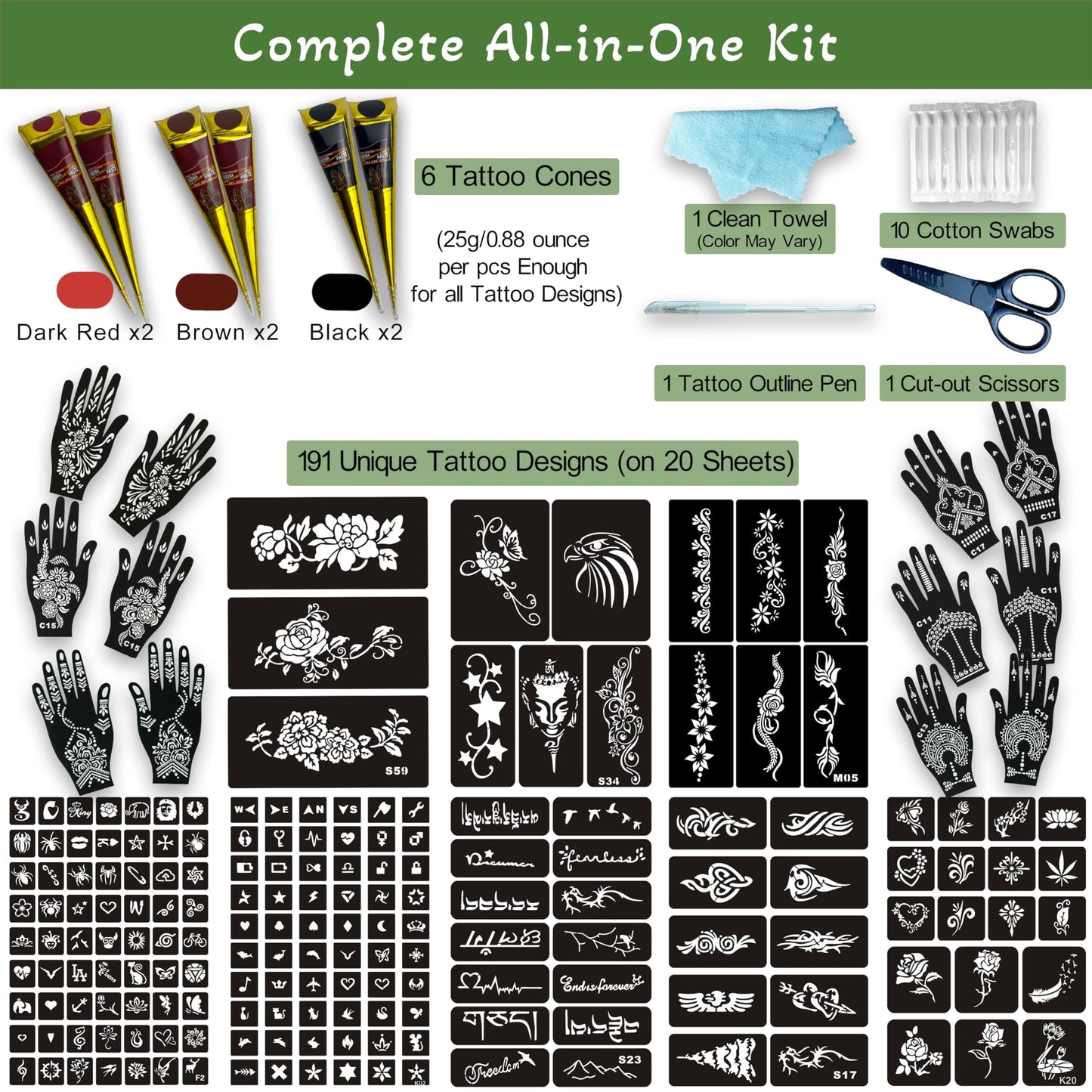 191 Pcs Temporary Tattoo Stencils Kit with 6 Tattoo Cones (2 Black, 2 Brown, 2 Dark Red), White Tattoo Outline Pen, Cotton Swabs & Towel | Perfect for Adults, Teens, Beginners, Family Fun & Parties
