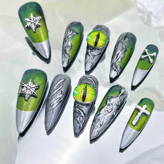 Press on Nails Handmade Luxury Acrylic Material Long Style Almond Reusable Halloween Goth Nail Kit with Nail Glue for Women and Girls 10pcs (Green Dragon Eyes-S, One Size)