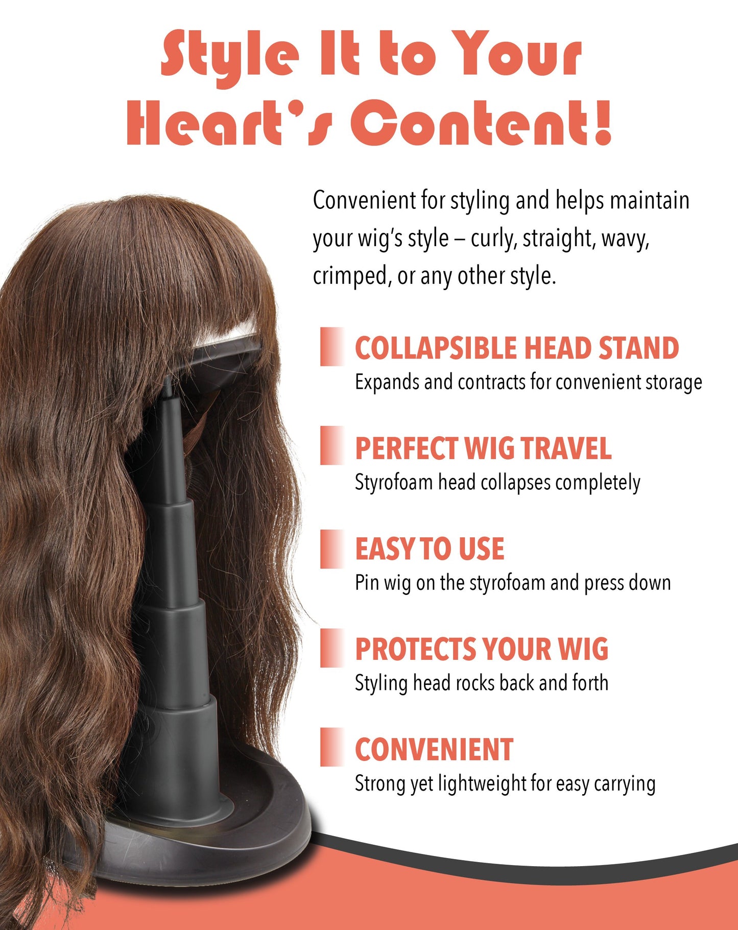 Adjustable Wig Head for Travel and Salon - Black Stand, Styrofoam Head, Collapsible Compact Stand Expands for Long and Short Wigs - by Adolfo Design