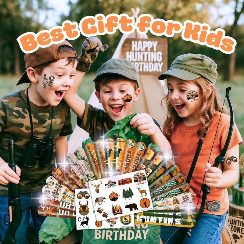 Cherisnowy 48PCS Hunting Party Set - 24PCS Temporary Tattoos & 24PCS Slap Bracelets - Outdoor Adventure Birthday Supplies, Baby Shower Gifts, Classroom Rewards & Party Decor for Kids (Boys & Girls)