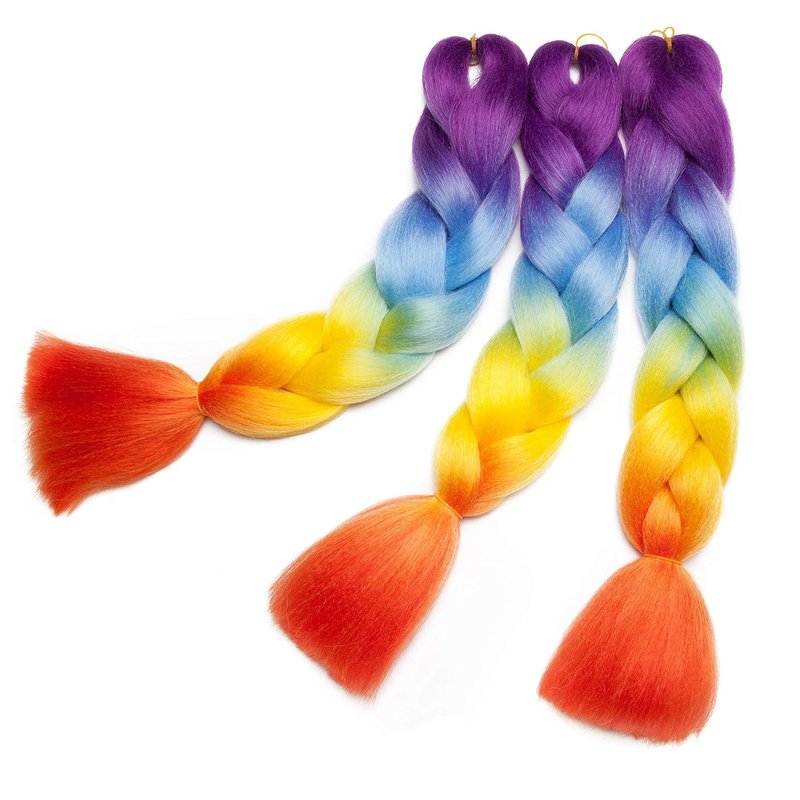 Ombre Jumbo Braid Hair Extensions - 24 Inch Rainbow Box Braids | High-Temperature Synthetic Fiber, 4 Tones Purple, Blue, Yellow, Orange, 5 Bundles