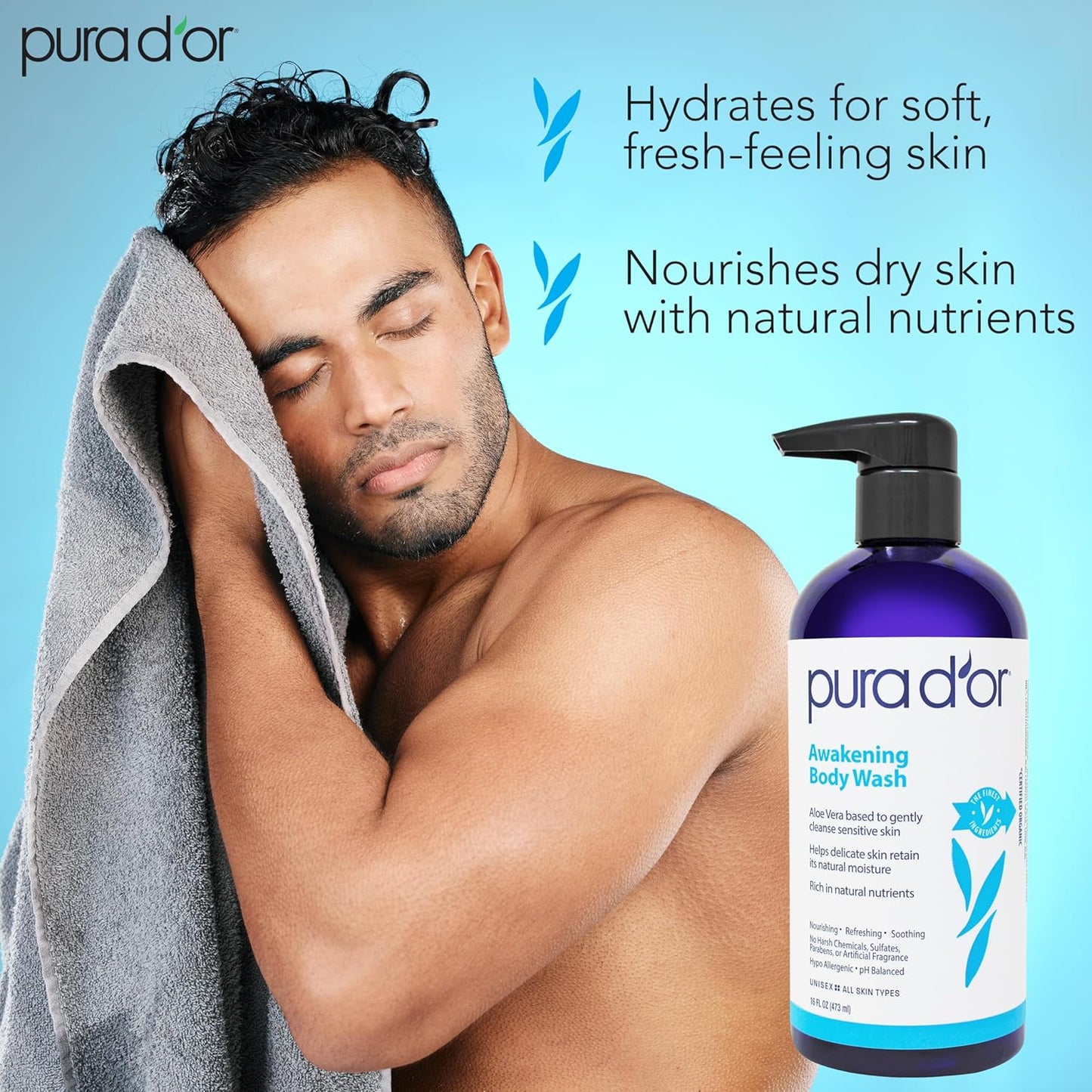 PURA D'OR Awakening Body Wash - Aloe Vera & Lavender | pH Balanced, 48oz Total for Soft, Fresh Skin