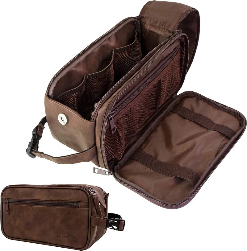 Toiletry Bag for Men - Travel Dopp Kit Organizer | Water-Resistant PU Leather | Dark Brown