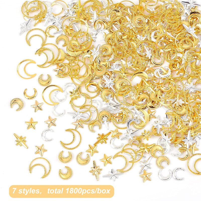 OLYCRAFT 1800Pcs Star Moon Resin Fillers Cosmos Theme Brass Charms Cabochons Hollow Moon Epoxy Resin Accessories Alloy Epoxy Resins Supplies Nail Art Decoration - Golden & Sliver