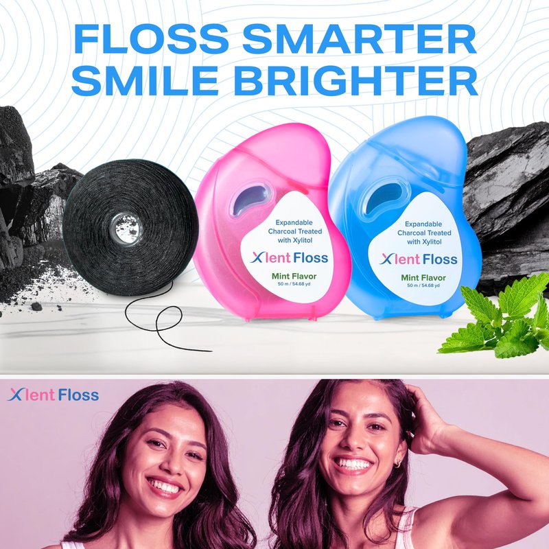 Expandable Floss Treated with Activated Charcoal with Xylitol and Natural Plant Based Wax |Fresh Mint Flavor | 50 Meter (4 Count)