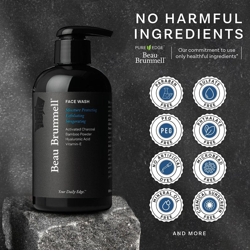 Beau Brummell for Men's Activated Charcoal Face Wash | Gentle Exfoliating Cleanser with Hyaluronic Acid, Bamboo Powder, Marine Plankton Extract, Vitamins A & E | 8 fl oz, Made in USA